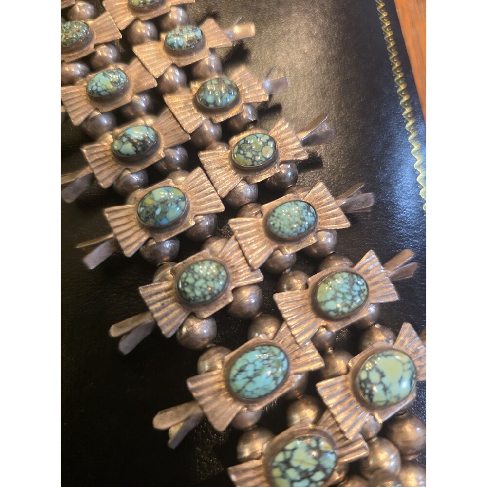 Navajo Bowtie Squash Blossom Spider Web Blue Turquoise Necklace -VINTAGE- SILVER - Picture 6 of 12